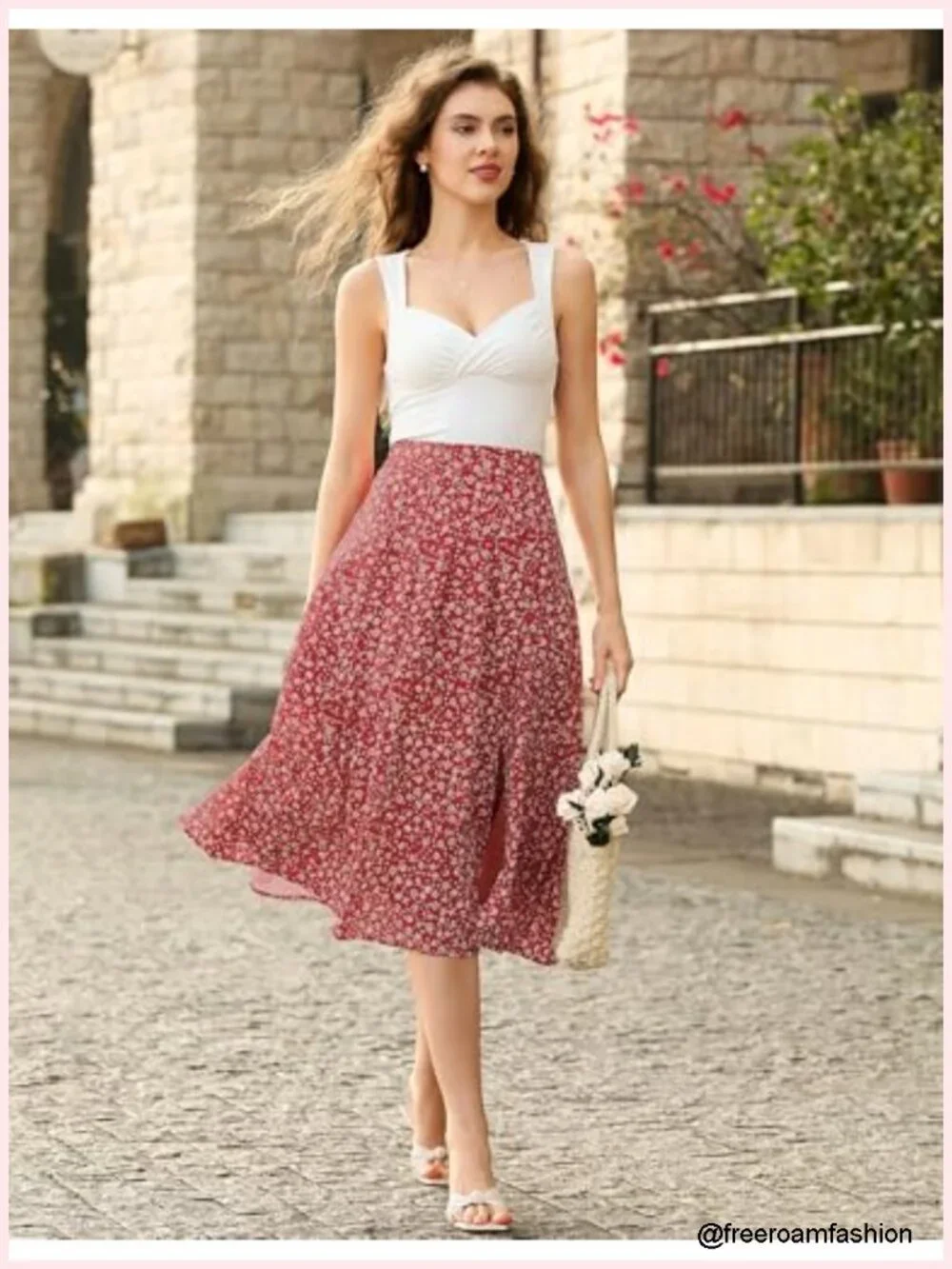 Women's Floral Midi Skirt with Slit High Waist Pleated A-Line Pockets Adjustable